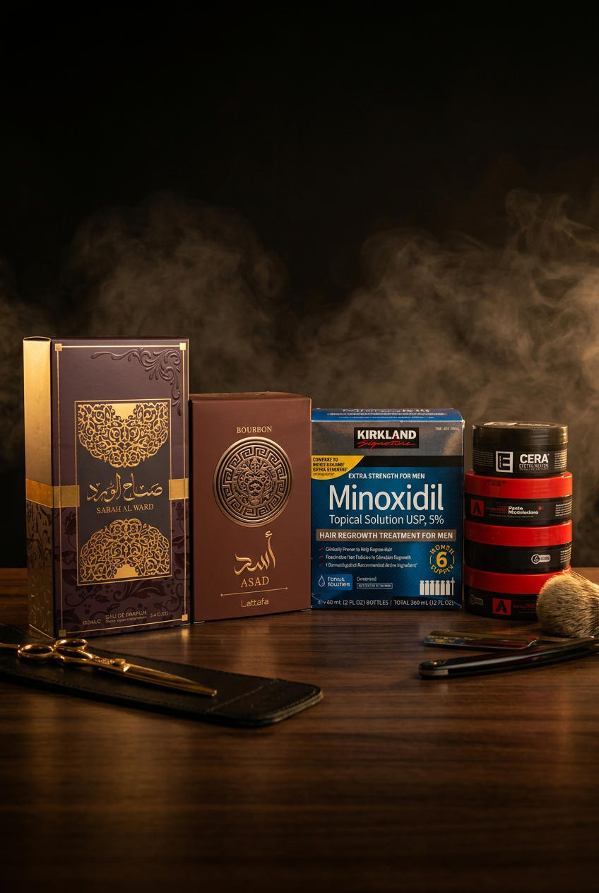 Produtos da barbearia: perfumes árabes Lattafa, minoxidil Kirkland e pomadas modeladoras